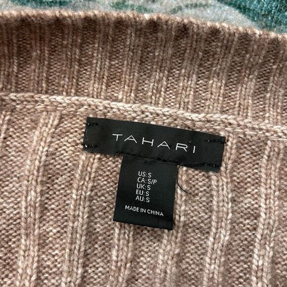 Tahari Midi Sweater Dress Small Brown Tan Ribbed Knit Long Sleeve Belted Fitted - Picture 3 of 16